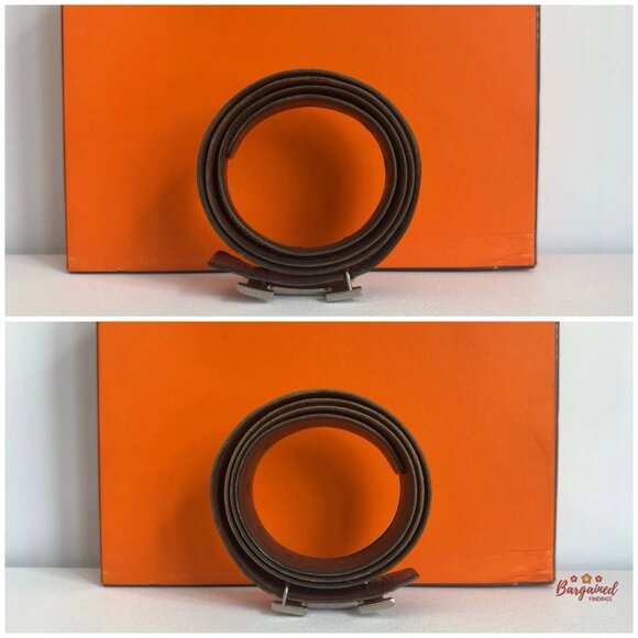 Authentic HERMES Brown Leather H Silver Reversible Buckle Belt B 100
